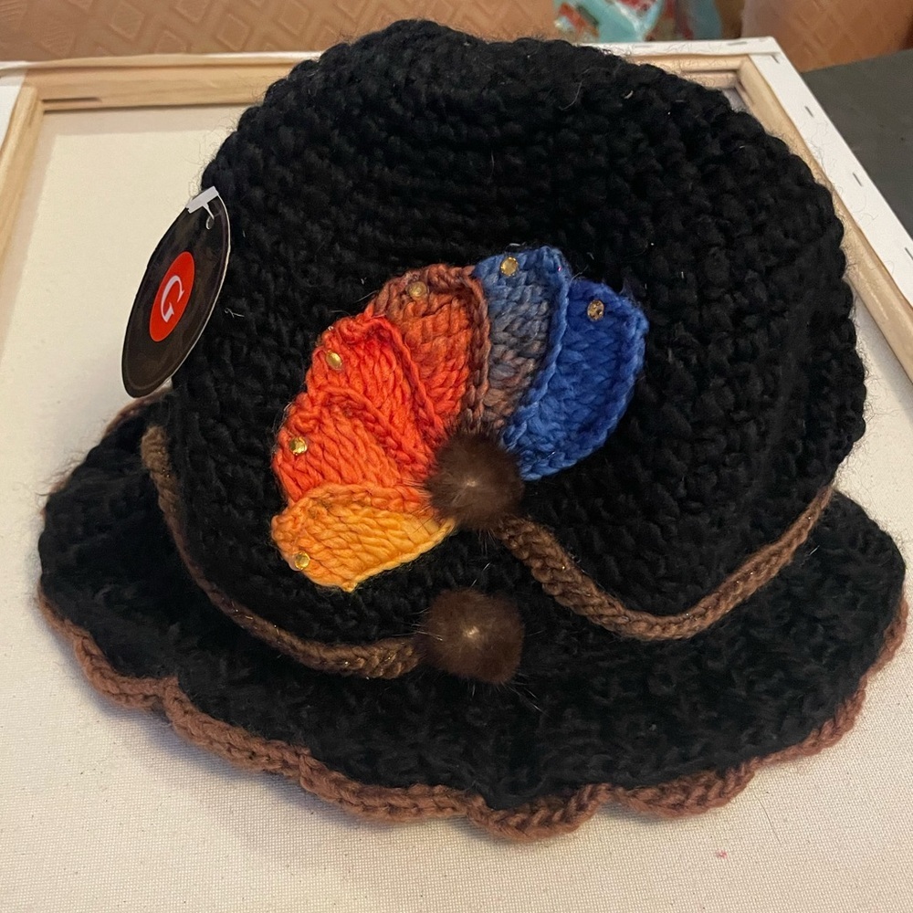 Black Knit crocheted Hat with Colorful Flower Accent
